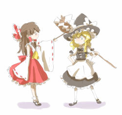 Rule 34 | 2girls, apron, ascot, black bow, black eyes, black footwear, black hair, black hat, black skirt, black vest, blonde hair, blue eyes, bow, braid, broom, carrying over shoulder, detached sleeves, female focus, full body, gohei, hair bow, hair tubes, hakurei reimu, half updo, hand on own hip, hat, hat bow, hat ribbon, hitting, holding, holding broom, kirisame marisa, legs apart, legs together, long hair, looking at another, mary janes, mokeo, multiple girls, one eye closed, pantyhose, profile, red bow, red ribbon, red skirt, ribbon, ribbon-trimmed sleeves, ribbon trim, shide, shirt, shoes, short sleeves, single braid, sketch, skirt, socks, standing, touhou, vest, waist apron, white apron, white background, white bow, white legwear, white ribbon, white shirt, witch hat