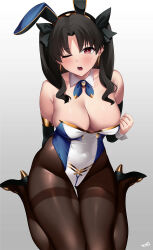 Rule 34 | 1girl, absurdres, animal ears, bare shoulders, black hair, blue leotard, breasts, brown pantyhose, cleavage, covered navel, detached collar, detached sleeves, earrings, fake animal ears, fate/grand order, fate (series), gold trim, hair ribbon, high heels, highleg, highleg leotard, highres, hoop earrings, ishtar (fate), jewelry, kurozawa yui, large breasts, leotard, long hair, looking at viewer, one eye closed, open mouth, pantyhose, parted bangs, playboy bunny, rabbit ears, red eyes, ribbon, sitting, solo, thighband pantyhose, two-tone leotard, two side up, wariza, wrist cuffs