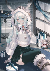 Rule 34 | 1girl, absurdres, antlers, bad id, bad pixiv id, bell, black skirt, black thighhighs, bookshelf, bow, box, breasts, coffee, coffee cup, commentary request, cup, disposable cup, fur trim, gift, gift box, grey eyes, grey hair, hair between eyes, highres, hood, hood up, horns, huge filesize, long hair, long sleeves, medium breasts, on ground, original, pleated skirt, reindeer antlers, sitting, skirt, solo, stuffed animal, stuffed toy, table, thighhighs, white bow, white hair, yuka865