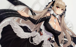 Rule 34 | 1girl, artnohearts, azur lane, bare shoulders, between breasts, black dress, black nails, blush, breasts, cleavage, dress, earrings, flight deck, floating hair, formidable (azur lane), frilled dress, frills, hair ornament, hair ribbon, hand up, jewelry, large breasts, light brown hair, long hair, long sleeves, looking at viewer, nail polish, red eyes, ribbon, rigging, solo, twintails