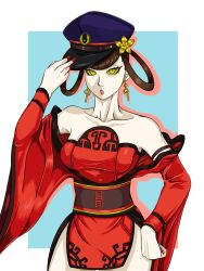 Rule 34 | 1girl, absurdres, dress, earrings, ememtrp, hat, highres, impossible hair, jewelry, long sleeves, md5 mismatch, nail polish, nuwa (megami tensei), pale skin, police hat, red dress, red lips, red nails, resolution mismatch, self-upload, shin megami tensei, shin megami tensei v, simple background, source smaller, yellow eyes