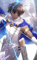Rule 34 | 1boy, arjuna (fate), arrow (projectile), bishounen, black eyes, bow (weapon), brown hair, cape, dark-skinned male, dark skin, drawing bow, elbow gloves, energy, expressionless, fate/grand order, fate (series), feet out of frame, gloves, hair between eyes, highres, holding, holding bow (weapon), holding weapon, male focus, pillo, short hair, sleeveless, solo, weapon, white cape, white gloves, wind