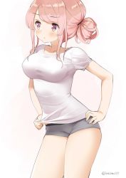 Rule 34 | 1girl, artist name, blush, boxer briefs, boyshort panties, breasts, clothes pull, collarbone, covered erect nipples, dated, hair bun, hand on own hip, kaisen chuui, large breasts, looking to the side, male underwear, original, pink eyes, pink hair, shirt, shirt pull, short shorts, shorts, single hair bun, solo, standing, t-shirt, taut clothes, taut shirt, underwear, white background, white shirt