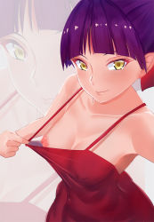 Rule 34 | 1girl, bare shoulders, blunt bangs, bow, breasts, cleavage, clothes pull, collarbone, covered erect nipples, dress, dress pull, flashing, gegege no kitarou, gegege no kitarou 6, hair bow, highres, lips, looking at viewer, medium breasts, nekomusume, nekomusume (gegege no kitarou 6), nipples, no bra, pointy ears, pulling own clothes, purple hair, rafu (motrer1), red dress, short hair, sleeveless, sleeveless dress, smile, solo, teasing, yellow eyes, zoom layer