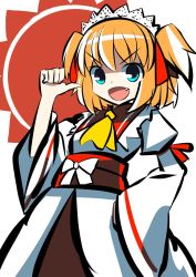 Rule 34 | &gt;:d, 1girl, :d, adapted costume, aqua eyes, ascot, blonde hair, blue eyes, bow, fang, hair bow, highres, japanese clothes, long sleeves, mankun, open mouth, pointing, pointing at self, short hair, simple background, smile, solo, sunny milk, touhou, twintails, two side up, v-shaped eyebrows, wide sleeves