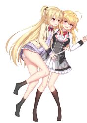 Rule 34 | 2girls, absurdres, ahoge, arihara nanami, arm around waist, ass peek, assertive female, bare legs, black socks, blonde hair, blush, bow, bowtie, breast press, breasts, center frills, color connection, commentary request, crossover, double bun, elih (nfslyy), embarrassed, feet, frilled skirt, frills, grey skirt, hair between eyes, hair bun, hair color connection, half updo, hamidashi creative, hand on another&#039;s stomach, highres, hug, izumi hiyori, jacket, knees together feet apart, large breasts, legs, long hair, long legs, long sleeves, looking at another, lying, miniskirt, multiple girls, no shoes, on back, on side, open clothes, open jacket, open mouth, panties, pantyshot, plaid, plaid skirt, pleated skirt, purple sweater vest, red bow, red bowtie, red eyes, riddle joker, round teeth, school uniform, shirt, sidelocks, simple background, skirt, socks, straight hair, sweater vest, symmetrical docking, teeth, thighs, toes, two side up, underwear, upper teeth only, very long hair, wavy hair, wavy mouth, white background, white panties, white shirt, yellow jacket, yuri