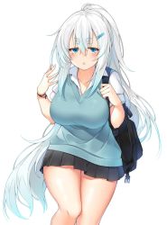 Rule 34 | 1girl, backpack, bad id, bad twitter id, bag, black skirt, blue eyes, bracelet, breasts, cardigan, collared shirt, hair between eyes, hair ornament, hairclip, highres, jewelry, large breasts, long hair, looking at viewer, original, parted lips, pleated skirt, ponytail, shirt, short sleeves, simple background, skirt, solo, suruga (xsurugax), sweat, thick eyebrows, thick thighs, thighs, triangle mouth, very long hair, white background, white hair, white shirt