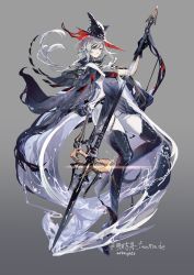 Rule 34 | 1girl, a9712mob, arknights, ascot, boots, commentary, full body, gladiia (arknights), gloves, grey background, grey hair, hat, high collar, highres, holding, holding polearm, holding weapon, pointy ears, polearm, red eyes, simple background, solo, thigh boots, water, weapon, white ascot