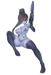 Rule 34 | 1girl, ass, bare shoulders, bikini, breasts, cameltoe, closed mouth, collarbone, colored skin, elbow gloves, facing viewer, female focus, french flag, full body, gloves, gluteal fold, gun, hand up, highres, holding, holding gun, holding weapon, large breasts, long hair, micro bikini, navel, nipples, overwatch, overwatch 1, ponytail, puffy nipples, purple bikini, purple gloves, purple hair, purple skin, purple thighhighs, rifle, ryusho, simple background, sitting, sniper rifle, solo, stomach, strap gap, swimsuit, thighhighs, thong bikini, visor, weapon, widowmaker (overwatch)