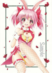 Rule 34 | 10s, 1girl, animal ears, bare shoulders, bow, bridal garter, fake animal ears, fishnet thighhighs, fishnets, hair bow, jewelry, kaname madoka, leotard, looking at viewer, mahou shoujo madoka magica, mahou shoujo madoka magica (anime), marker (medium), munmu, open mouth, pendant, petals, pink hair, playboy bunny, rabbit ears, red eyes, sample watermark, sitting, solo, thighhighs, traditional media, twintails, watermark, wrist cuffs
