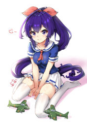 Rule 34 | 1girl, aircraft, airplane, between legs, blue shirt, blush, breasts, closed mouth, commentary request, full body, hair between eyes, hair ribbon, hand between legs, heart, highres, long hair, medium breasts, neckerchief, no shoes, pleated skirt, ponytail, purple eyes, purple hair, red neckerchief, red ribbon, ribbon, sailor collar, shinano (warship girls r), shirt, short sleeves, signature, sitting, skirt, smile, solo, thighhighs, v arms, very long hair, wariza, warship girls r, white sailor collar, white skirt, white thighhighs, zhudacaimiao