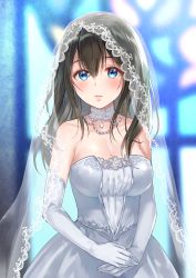 Rule 34 | 10s, 1girl, bare shoulders, black hair, blue eyes, blurry, blush, breasts, bridal veil, bride, depth of field, dress, elbow gloves, fukahire (ruinon), gloves, idolmaster, idolmaster cinderella girls, jewelry, long hair, necklace, parted lips, sagisawa fumika, solo, stained glass, veil, wedding dress, white gloves