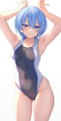 Rule 34 | 1girl, absurdres, aoi zerii, armpits, black one-piece swimsuit, blue eyes, blue hair, breasts, competition swimsuit, highres, hololive, hoshimachi suisei, one-piece swimsuit, rabbit pose, short hair, simple background, small breasts, solo, star (symbol), star in eye, swimsuit, symbol in eye, two-tone swimsuit, virtual youtuber, white background