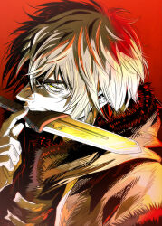 Rule 34 | 1boy, blonde hair, chu tencho, dagger, eyelashes, frown, head tilt, highres, knife, looking to the side, male focus, red theme, serious, short hair, solo, thorfinn, upper body, viking, vinland saga, weapon, weapon in mouth, yellow eyes