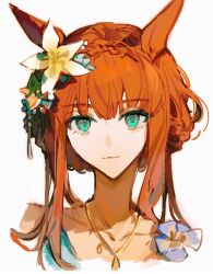 Rule 34 | 1girl, absurdres, animal ears, aqua eyes, bare shoulders, braid, closed mouth, collarbone, commentary, crown braid, flower, hair flower, hair ornament, highres, hikawayunn, horse ears, horse girl, jewelry, looking at viewer, necklace, official alternate costume, official alternate hairstyle, portrait, short hair, silence suzuka (emerald on the waves) (umamusume), silence suzuka (umamusume), simple background, smile, solo, umamusume, white background