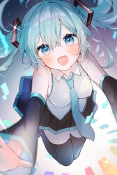Rule 34 | 1227ree, 1girl, :d, absurdres, ahoge, aqua eyes, aqua hair, aqua necktie, bare shoulders, black skirt, black sleeves, black thighhighs, blurry, blush, boots, breasts, collared shirt, confetti, detached sleeves, grey shirt, hair between eyes, hair ornament, hatsune miku, highres, jumping, long hair, long sleeves, looking at viewer, medium breasts, miku day, miniskirt, necktie, open mouth, outstretched arms, pleated skirt, reaching, reaching towards viewer, shirt, skirt, sleeveless, sleeveless shirt, smile, solo, sparkle, thigh boots, thighhighs, twintails, vocaloid, zettai ryouiki