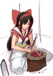 Rule 34 | 1girl, ainu clothes, black eyes, black hair, breasts, cooking, food, hair ribbon, highres, knife, legs, log, long hair, nakoruru, open mouth, ribbon, samurai spirits, sitting, small breasts, snk, solo, the king of fighters, thighs