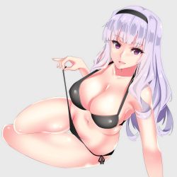 Rule 34 | 1girl, arm support, bikini, bikini pull, black bikini, breasts, cleavage, clothes pull, hairband, highres, idolmaster, idolmaster (classic), large breasts, long hair, looking at viewer, lying, open mouth, purple eyes, shijou takane, shiny skin, side-tie bikini bottom, sideboob, silver hair, simple background, skindentation, smile, solo, strap gap, swimsuit, taisai, thick thighs, thigh gap, thighs, wide hips