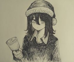 Rule 34 | 1girl, ate5424, bell, black dress, black hair, blusb, chainsaw man, collared dress, dress, eyelashes, hair between eyes, hat, long hair, long sleeves, looking at viewer, nayuta (chainsaw man), santa hat, sleeves past elbows, solo, unusual pupils, white background