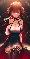 Rule 34 | 1girl, absurdres, bare shoulders, black dress, black gloves, black hair, black thighhighs, blood, breasts, cleavage, dagger, dress, fingerless gloves, flower, gloves, gold hairband, hair flower, hair ornament, hairband, highres, knife, ko yu, large breasts, long hair, looking at viewer, red eyes, rose, sidelocks, solo, spy x family, thighhighs, thighs, two-sided dress, two-sided fabric, weapon, yor briar