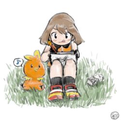 Rule 34 | 1girl, akiyasumi, bird, black eyes, black footwear, black gloves, black socks, brown hair, closed mouth, collared shirt, creatures (company), crumpled paper, eighth note, frown, game freak, gen 3 pokemon, gloves, grass, holding, holding pen, lowres, may (pokemon), multicolored footwear, musical note, nintendo, no headwear, orange shirt, paper, pen, pokemon, pokemon (creature), pokemon emerald, pokemon rse, red footwear, shirt, shoes, short hair, simple background, sitting, sleeveless, sleeveless shirt, socks, solo, speech bubble, spoken musical note, tongue, tongue out, torchic, two-tone gloves, v-shaped eyebrows, white background, white footwear, white gloves, yellow footwear