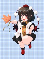 Rule 34 | 1girl, absurdres, alternate body size, bird wings, black hair, black skirt, black wings, breasts, commentary request, fat, full body, hand on own hip, hat, highres, leaf, leaf print, medium breasts, miniskirt, nerizou, pleated skirt, pointy ears, pom pom (clothes), red eyes, red hat, shameimaru aya, skirt, solo, tokin hat, touhou, wings
