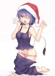 Rule 34 | 1girl, ;o, bad id, bad nicoseiga id, barefoot, blue eyes, blue hair, bow, bow panties, breasts, camisole, clothes pull, contemporary, doremy sweet, groin, hat, hip focus, looking at viewer, matching hair/eyes, medium breasts, nightcap, one eye closed, panties, panty pull, pink panties, short hair, skirt, skirt pull, solo, tail, tank top, tapir tail, tears, touhou, underwear, undressing, yawning, yonaga (masa07240)