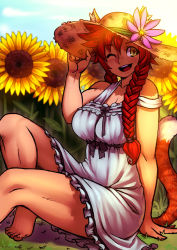 Rule 34 | 1girl, :d, ;), animal ears, barefoot, borrowed character, braid, breasts, cat ears, cat girl, cat tail, commission, day, dress, ears through headwear, female focus, field, flower, flower field, freckles, green eyes, hair over shoulder, hat, hat flower, koi drake, large breasts, long hair, one eye closed, open mouth, original, red hair, smile, solo, strap slip, sun hat, sundress, sunflower, sunflower field, tail, thick thighs, thighs, twin braids