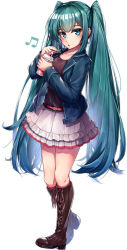 Rule 34 | 1girl, absurdres, belt, black shirt, blue eyes, blue hair, blue jacket, boots, brown footwear, cross-laced footwear, cup, denim, denim jacket, disposable cup, drinking straw, frilled skirt, frills, hatsune miku, highres, jacket, knee boots, kneehighs, lace-up boots, layered skirt, long hair, long sleeves, looking at viewer, marutenmaruten, musical note, open clothes, open jacket, open mouth, red belt, red socks, shirt, simple background, skirt, socks, solo, twintails, very long hair, vocaloid, walking, white background, white skirt