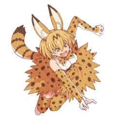 Rule 34 | 1girl, animal ear fluff, animal ears, blouse, bow, bowtie, breasts, elbow gloves, extra ears, full body, gloves, hair between eyes, high-waist skirt, kemono friends, medium breasts, open mouth, orange eyes, orange hair, orange skirt, serval (kemono friends), serval print, serval tail, shirt, simple background, skirt, sleeveless, sleeveless shirt, solo, tail, tanuki koubou, thighhighs, traditional bowtie, v-shaped eyebrows, white background, white shirt, zettai ryouiki