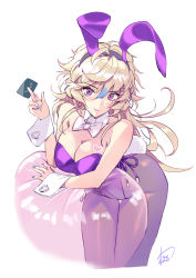 Rule 34 | 1girl, alternate costume, animal ears, bare shoulders, blonde hair, blush, bow, bowtie, breasts, card, cleavage, commentary request, detached collar, fake animal ears, fake tail, hair between eyes, hand up, heart, highres, holding, holding card, large breasts, leotard, long hair, looking at viewer, matsuda (matsukichi), original, pantyhose, pink lips, playboy bunny, purple eyes, purple leotard, purple pantyhose, rabbit ears, rabbit tail, simple background, smile, solo, standing, strapless, strapless leotard, tail, thighs, white background, white bow, white bowtie, wrist cuffs