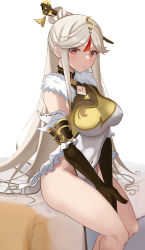 Rule 34 | 1girl, absurdres, bare legs, bare shoulders, breasts, china dress, chinese clothes, claw ring, covered navel, dress, elbow gloves, frilled sleeves, frills, fur trim, genshin impact, gloves, hair ornament, half-closed eyes, highres, large breasts, legs, long hair, looking at viewer, ningguang (genshin impact), parted bangs, red eyes, seogaeck, sitting, solo, thighs, very long hair, white dress, white hair