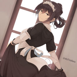Rule 34 | 1girl, apron, black dress, brown hair, clothes lift, dress, dress lift, from behind, hair behind ear, hair rings, highres, looking back, maid, maid apron, maid headdress, original, smile, solo, sts, twitter username, window, yellow eyes