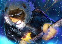 Rule 34 | 1boy, animal ears, black jacket, blue eyes, clay calloway, commentary, english commentary, fangs, from above, furry, furry male, ghost hands, guitar, hand on another&#039;s shoulder, highres, holding, holding guitar, holding instrument, instrument, jacket, leather, leather jacket, lion boy, lion ears, lion mane, male focus, music, nviek5, old, old man, open mouth, sing (movie), sing 2, singing