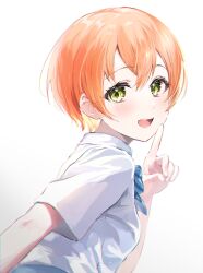 Rule 34 | 1girl, breasts, collared shirt, from side, green eyes, hair between eyes, highres, hoshizora rin, leaning forward, love live!, love live! school idol project, open mouth, pointing, pointing up, shirt, short hair, small breasts, smile, solo, tamuramaro (tmtmtm316), white shirt