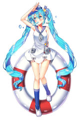 Rule 34 | 1girl, arm up, blue eyes, blue hair, blue sailor collar, blue socks, blush, breasts, closed mouth, collarbone, commentary request, dress, food in mouth, grey neckerchief, hair between eyes, hat, hatsune miku, highres, innertube, long hair, looking away, looking to the side, making-of available, mouth hold, neckerchief, ringlets, sailor collar, sailor dress, sailor hat, shoes, sidelocks, signature, simple background, sleeveless, sleeveless dress, small breasts, socks, solo, swim ring, tempy (rinsia), twintails, very long hair, vocaloid, white background, white footwear, white hat