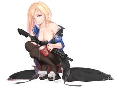 Rule 34 | 1girl, absurdres, areola slip, assault rifle, blonde hair, blue eyes, breasts, cleavage, cup, english text, full body, gun, highres, holding, holding gun, holding weapon, keep calm and carry on, long hair, looking to the side, mug, off shoulder, one eye closed, original, platform clogs, rifle, solo, squatting, teabag, thighhighs, torn clothes, torn thighhighs, vectorek, weapon, weapon request, white background