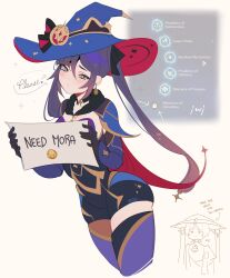 Rule 34 | 1boy, 1girl, absurdres, black gloves, black ribbon, blush, breasts, closed mouth, commentary, cropped legs, earrings, english commentary, english text, genshin impact, gloves, gradient hair, hair ornament, hair ribbon, hat, highres, holding, holding sign, jewelry, jingasa, long hair, looking at viewer, medium breasts, memeh, mona (genshin impact), mona (pact of stars and moon) (genshin impact), multicolored hair, ribbon, scaramouche (genshin impact), screenshot inset, sign, signature, simple background, single earring, solo focus, sparkle, thighhighs, twintails, wanderer (genshin impact), witch hat