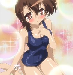 Rule 34 | 00s, 1girl, blush, breasts, brown eyes, brown hair, cleavage, forced dressing, genderswap, genderswap (mtf), hasegawa takuto, highres, magician&#039;s academy, medium breasts, non-web source, one-piece swimsuit, school swimsuit, screencap, short hair, solo, stitched, swimsuit, thigh gap, thighs, third-party edit