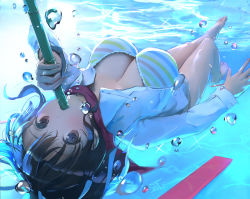 Rule 34 | 1girl, air bubble, asuka (senran kagura), bamboo, barefoot, bikini, bow, breasts, breathing tube, brown eyes, brown hair, bubble, cleavage, diving, floating, foreshortening, holding, large breasts, long sleeves, looking at viewer, open clothes, open shirt, pool, red scarf, scarf, senran kagura, shirt, solo, sparkle, striped bikini, striped clothes, suspension, swimsuit, toes, underwater, water, white shirt, yaegashi nan