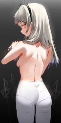 Rule 34 | 1girl, arknights, back, back focus, bare back, breasts, commentary request, cowboy shot, facing away, from behind, grey eyes, grey hair, head wings, highres, horn/wood, irene (arknights), long hair, looking back, medium breasts, pantyhose, parted lips, scar, scar across eye, sideboob, solo, standing, topless, white pantyhose, wings