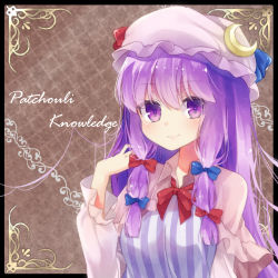 Rule 34 | 1girl, black border, border, bow, character name, crescent, dress, hair bow, hair ornament, hair ribbon, hat, long hair, looking at viewer, mob cap, patchouli knowledge, purple eyes, purple hair, red ribbon, ribbon, smile, solo, striped clothes, striped dress, tika (mika4975), touhou, vertical stripes
