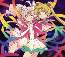 Rule 34 | 2girls, bad id, bad pixiv id, bishoujo senshi sailor moon, blonde hair, boots, bukiko, chibi usa, cone hair bun, crescent, crescent earrings, earrings, gloves, hair bun, highres, holding hands, jewelry, long hair, looking at viewer, multiple girls, pink footwear, pink hair, sailor, sailor chibi moon, sailor moon, space, super sailor chibi moon, super sailor moon, twintails, white gloves