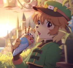 Rule 34 | 1boy, absurdres, animal ears, araunia, brown eyes, brown hair, crepe, day, dog boy, dog ears, food, furry, furry male, green headwear, highres, holding, holding food, looking at viewer, open mouth, original, outdoors, short hair, solo, tongue, tongue out