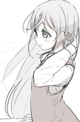 Rule 34 | 1girl, absurdres, arm behind head, bad id, bad twitter id, collared shirt, commentary, from side, grey eyes, grey hair, hair between eyes, hand up, highres, long hair, long sleeves, looking away, okota mikan, original, school uniform, shirt, sketch, sleeves past wrists, solo, sweater vest, upper body, very long hair, white background, white shirt