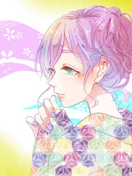 Rule 34 | 1girl, alternate hairstyle, commentary request, flower facial mark, geometric pattern, green eyes, hair bun, highres, japanese clothes, kashikaze, kimono, love live!, love live! school idol project, nail polish, parted lips, purple hair, purple nails, short hair, solo, tojo nozomi, unmoving pattern, upper body