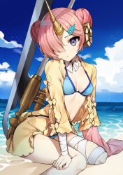 Rule 34 | 1girl, arm at side, bad id, bad pixiv id, bandaged arm, bandaged leg, bandages, beach, bikini, blue bikini, blue eyes, blue sky, breasts, cloud, cloudy sky, collarbone, day, detached sleeves, double bun, fate/apocrypha, fate (series), frankenstein&#039;s monster (fate), frankenstein&#039;s monster (swimsuit saber) (fate), frankenstein&#039;s monster (swimsuit saber) (first ascension) (fate), gambe, hair bun, hair ornament, hair over one eye, hairclip, hand on leg, headgear, highres, horns, long sleeves, medium breasts, neck ribbon, ocean, open clothes, open shirt, outdoors, parted lips, pink hair, planted, ribbon, shirt, single detached sleeve, single horn, sitting, sky, sleeves past wrists, small breasts, solo, strap gap, swimsuit, wariza, water, weapon, white ribbon, yellow shirt