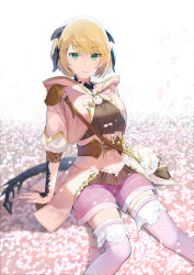 Rule 34 | 1girl, absurdres, arm support, belt, belt buckle, blonde hair, breasts, buckle, cherry blossoms, dot nose, dragon girl, eyelashes, female focus, final fantasy, final fantasy xiv, fingernails, green eyes, highres, horns, ice (ice aptx), lips, looking at viewer, on ground, outdoors, parted lips, petals, scales, short hair, shorts, sitting, smile, solo, spread legs, tail, thighhighs, zettai ryouiki