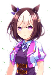 Rule 34 | 1girl, animal ears, bow, braid, brown hair, closed mouth, commentary request, cropped jacket, cross, dress shirt, floating hair, french braid, frown, hair between eyes, hair bow, highres, horse ears, horse girl, jacket, leaf, looking at viewer, multicolored hair, neck ribbon, open clothes, open jacket, pink jacket, puffy short sleeves, puffy sleeves, purple bow, purple eyes, purple ribbon, purple shirt, ribbon, serious, shirt, short hair, short sleeves, simple background, solo, special week (umamusume), tomo (tmtm mf mf), two-tone hair, umamusume, uniform, upper body, v-shaped eyebrows, v-shaped eyes, white background, white hair, white jacket, white shirt, wind