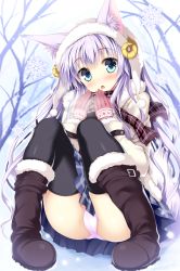 Rule 34 | 1girl, :o, animal ears, belt boots, black thighhighs, blue eyes, blush, boots, breath, brown footwear, coat, fur boots, fur trim, gloves, hat, long hair, looking at viewer, original, panties, pigeon-toed, pink panties, purple hair, scarf, sitting, skirt, snow boots, snowflakes, snowing, solo, tail, tateha (marvelous grace), thighhighs, underwear, winter clothes, winter coat